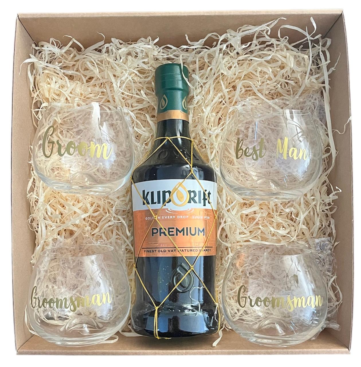Klipdrift Premium Brandy with Printed Groom, Groomsman and Best Man Glasses
